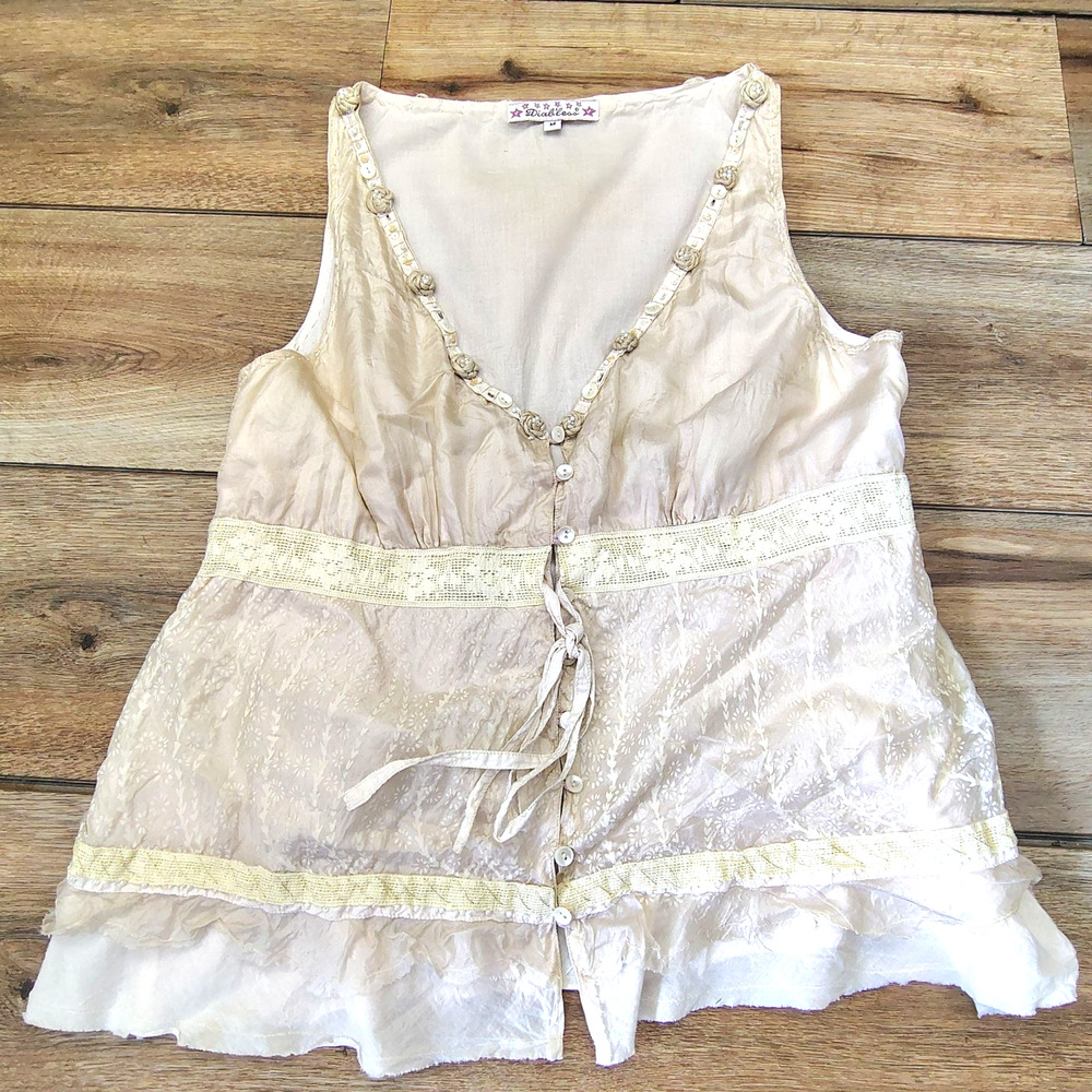 Diableess Silk Boho Tiered Tank Top Women's Medium Beaded Lace Y2K Fairycore